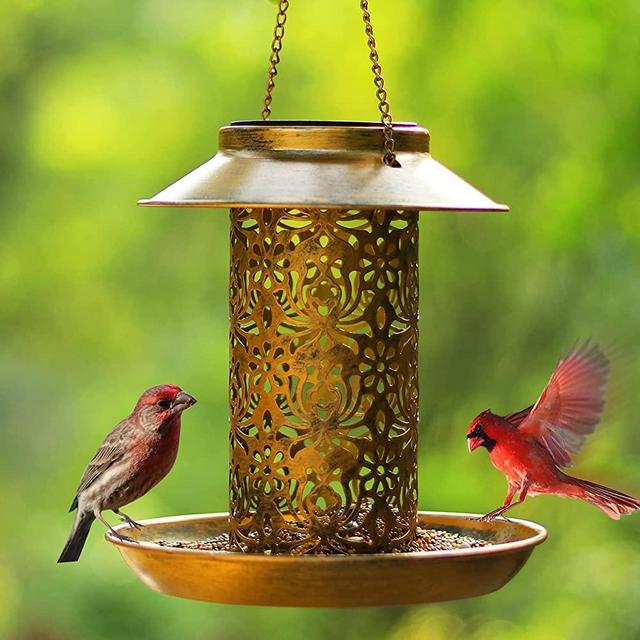 SWEETFULL Solar Wild Bird Feeders,Hanging Bird Feeder for Outside Solar Bird Houses with Hook as Gift Ideas for Bird Lovers(13In Metal Pattern)