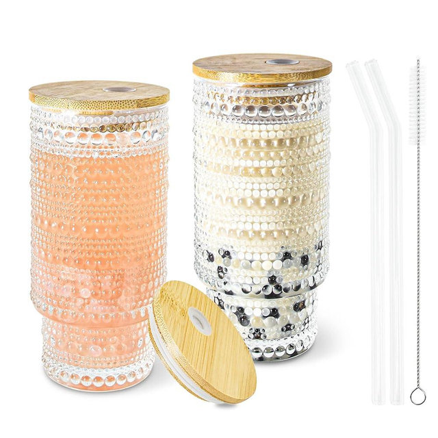 Icesip 2 Pcs 11 oz Drinking Glasses Cups Set with Bamboo Lids Straws Brush Hobnail Drinking Glassware Set for Juice Iced Coffee Beer Cocktail Whiskey(Hobnail*2)