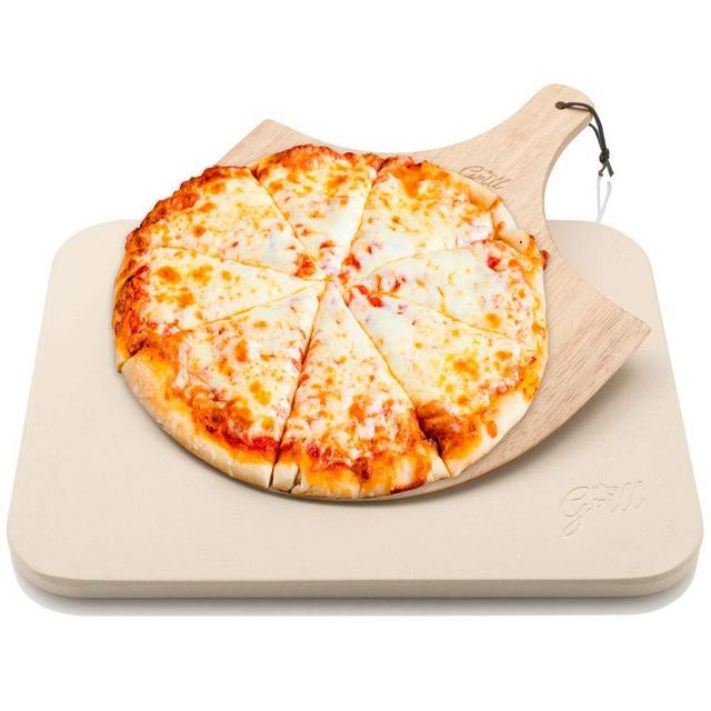 Hans Grill Pizza Stone Baking Stone for Pizzas use in Oven and Grill/BBQ Free Wooden Pizza Peel Rectangular Board 15 x 12 Inches Easy Handle Baking | Bake Grill, for Pies, Pastry Bread, Calzone