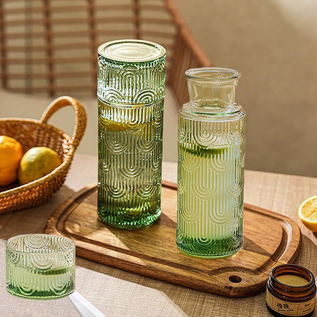 4-Piece Set Bedside Water Carafe and Glass, 21.6 Oz Glass Pitcher with 6 Oz Drinking Cup Lid, Multi-Functional Mouthwash Dispenser for Bathroom Counter, Nightstand or Kitchen, Water Bottle Set