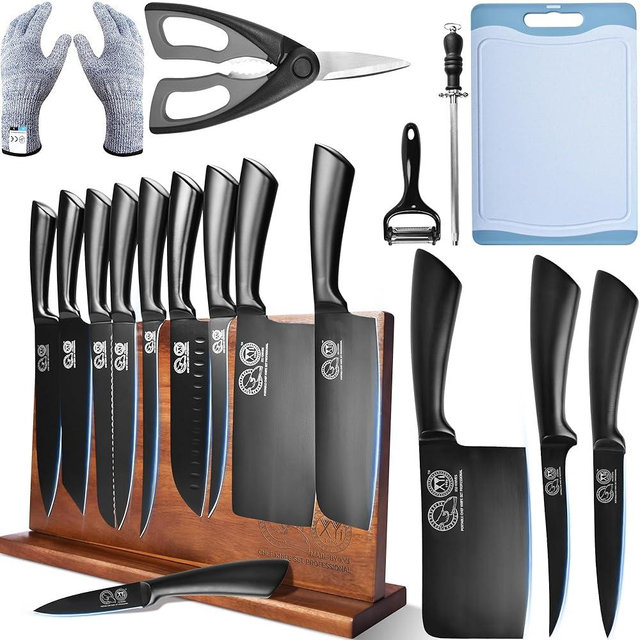 XYJ Professional Knife Sets for Master Chefs,Meat Cleaver Butcher for Camping,Chef Knife Set with Magnetic Knife Block,Bag,Stainless Steel Kitchen Knives Tools Kit