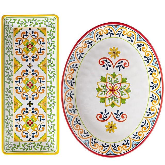 ZAROCRUS Melamine Serving Platter, Set of 2,Talavera Melamine Large Serving Tray,19''x8'' Rectangular and 18''x14'' Oval Platter set. Multi-Color