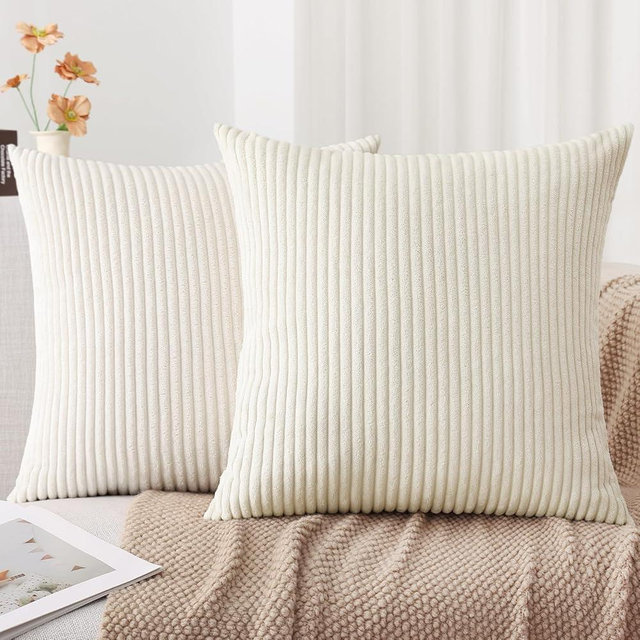Mecatny Corduroy Decorative Throw Pillow Covers 20x20 Set of 2 for Sofa Bedroom Living Room, Stylish Soft Couch Pillow Covers for Home Decor, Cream White