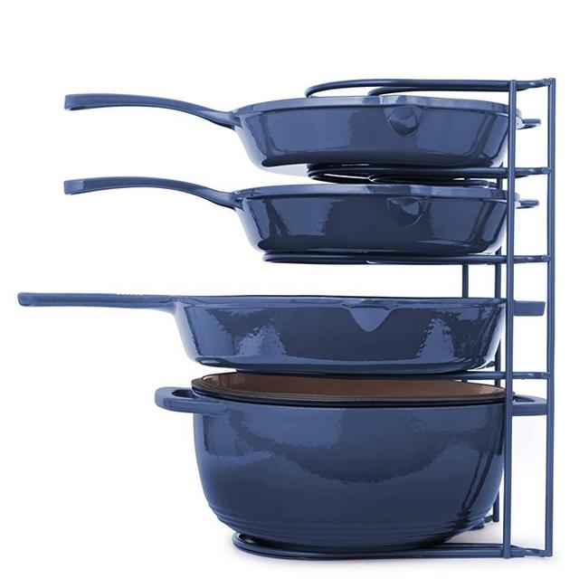 Heavy Duty Pan Organizer, Extra Large 5 Tier Rack - Holds Cast Iron Skillets, Dutch Oven, Griddles - Durable Steel Construction - Space Saving Kitchen Storage - No Assembly Required - Blue 15.4-inch
