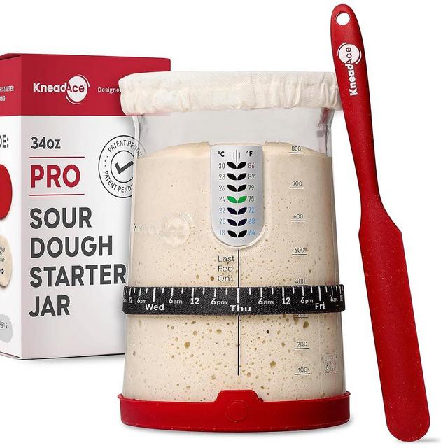 KneadAce Pro Sourdough Bread Starter Kit - 34 oz Large Capacity Sourdough Starter Jar with 5 unique features for the perfect sour dough bread & sourdough starter kit - sourdough bread baking supplies