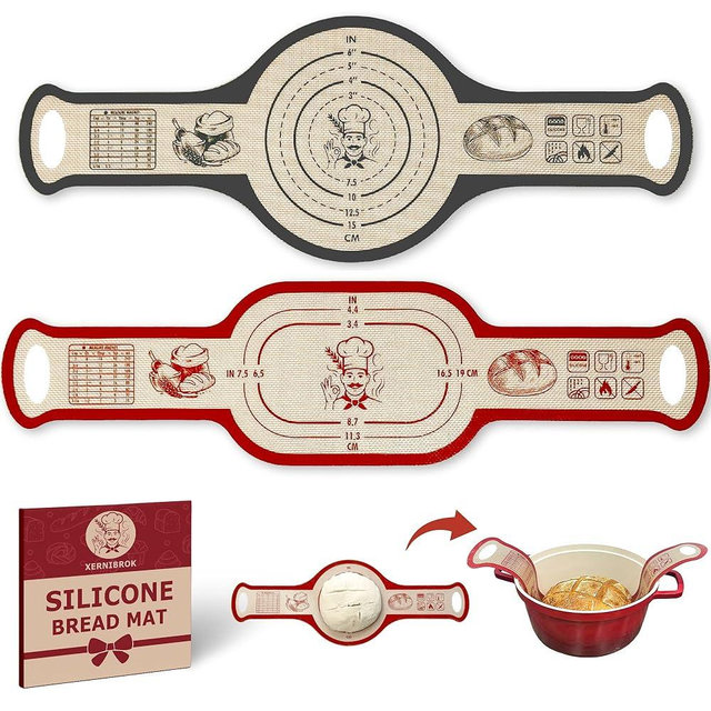 Silicone Bread Sling for Dutch Oven, 2 PCS Non-Stick Reusable Bread Baking Mats with Long Handles, Seamless Design Easy to Transfer Sourdough Sling Silicone Sourdough Sling Dough (Round Gray/Oval Red)