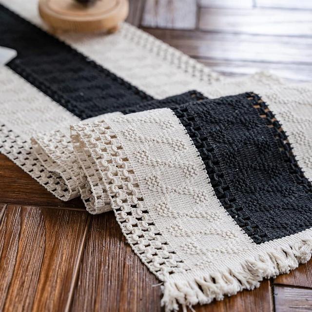 Alynsehom Macrame Table Runner Cream Beige and Black Boho Table Runners with Tassels Hand Woven Cotton Table Runner Rustic Farmhouse Table Runners for Bohemian Kitchen Dining Table(12x71in)