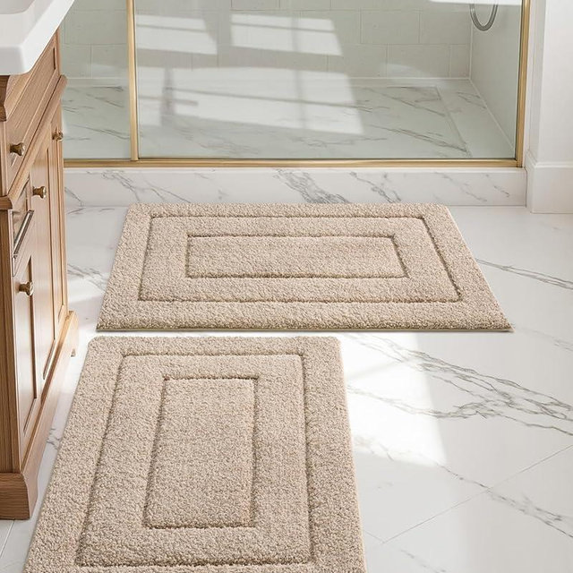 DEXI Bathroom Rug Set 2 Piece 24x16, Non Slip Washable Bath Mat for Shower Floor, Absorbent Soft Bathmat with Rubber Backing, Quick Dry Microfiber Carpet, Beige