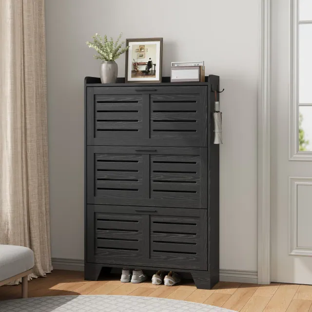 Shoe Storage Cabinet with 3 Flip Drawers, Freestanding Shoe Organizer Storage for Entryway, Farmhouse Hidden Slim Narrow Shoe Rack Cabinet, Black