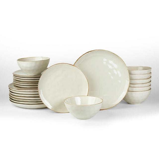 Famiware Dinnerware Sets for 8, Ocean Round 24-Piece Kitchen Plates and Bowls Sets, Microwave and Dishwasher Safe, Scratch Resistant, Vanilla White