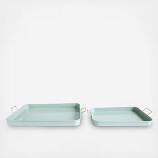 2-Piece Metal Tray with Gold Finish Handles Set