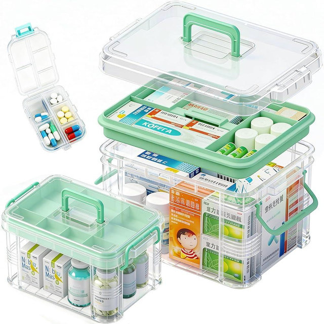 NEOCUPPIXE 2 Pack Clear Medicine Organizer Storage Box with Tray, Portable Medicine Cabinet with Handle, Plastic First Aid box Empty with pill case for home and travel