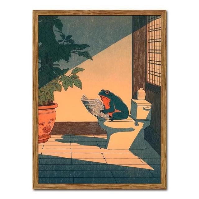Funny Frog Bathroom Wall Art, Cute Japanese Frog in Toilet Wall Decor, Whimsical Green Animal Restroom Poster Canvas Painting Prints Artwork 12x16 inch Framed