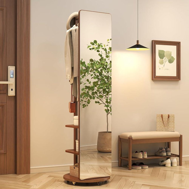 Muwuele Full Length Mirror with Stand & Brake Wheels,70"X16" Rolling Mirror Coat Rack for Bedroom, Living Room, Cloakroom (Walnut)