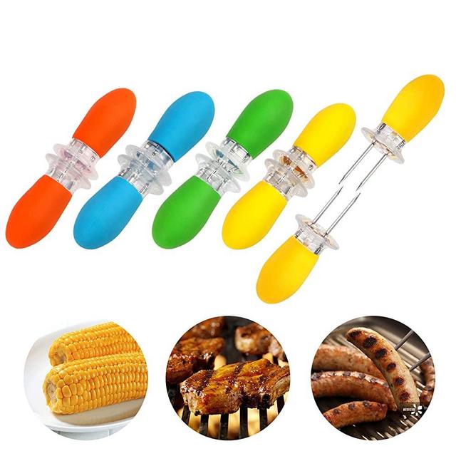 Augsun 10Pcs/5 Pairs Stainless Steel Corn Cob Holders Twin Prong BBQ Fork with Silicone Handle for Home Cooking Parties Camping
