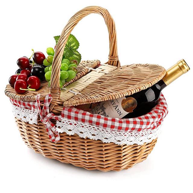 Cedilis Country Picnic Basket with Liner, Natural Willow Woven Easter Basket, Easter Eggs and Easter Candy Basket, Red/White Gingham