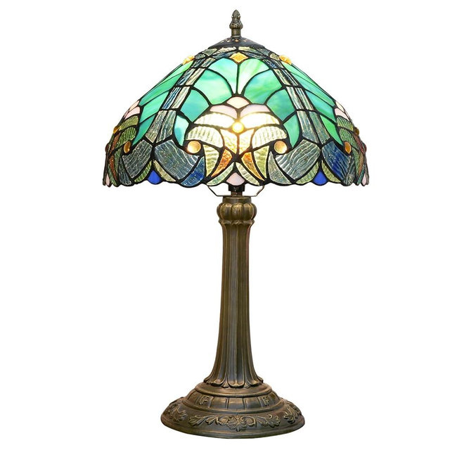 Blivuself Tiffany Lamp Green Liaison Style Stained Glass Table Lamp W12H18 Inch Antique Table Lamp Metal Base Desk Reading Light for Living Room Bedroom Bar Art Craft