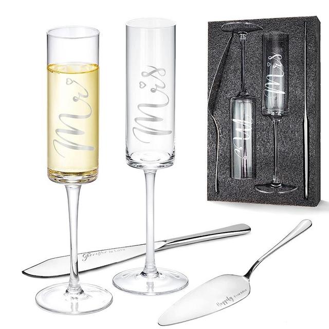 Wedding Cake Knife and Server Set, Modern Style Silver Wedding Champagne Flutes, Bride and Groom Champagne Flutes Toasting Glasses Engraved Mr and Mrs, Cake Cutting Set for Wedding Engagement Gifts