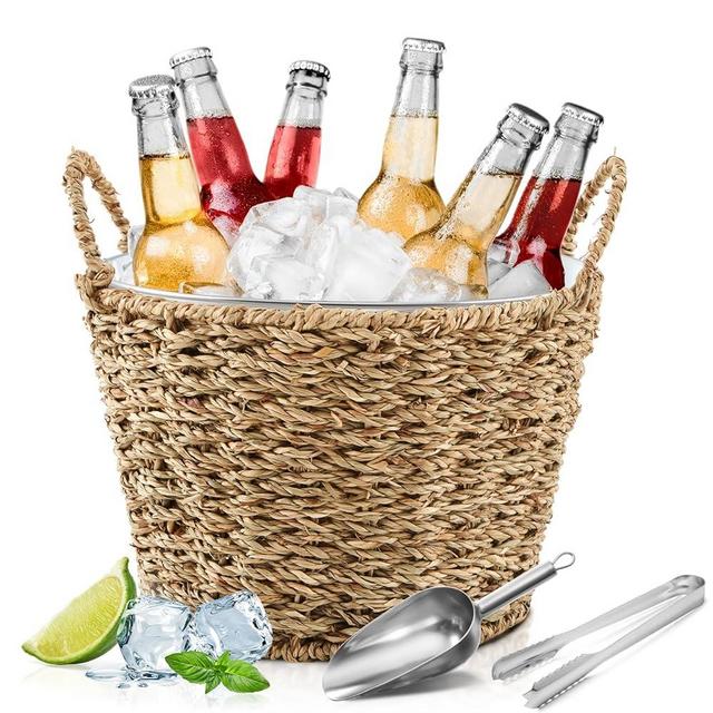 5 Quart Ice Bucket with Wicker Outer Basket, Scoop, Tong and Handle, Beverage Tub Grass Rope Woven Farmhouse Galvanized Bucket for Party Seaside Bar Buffet Wine Beer Bottle