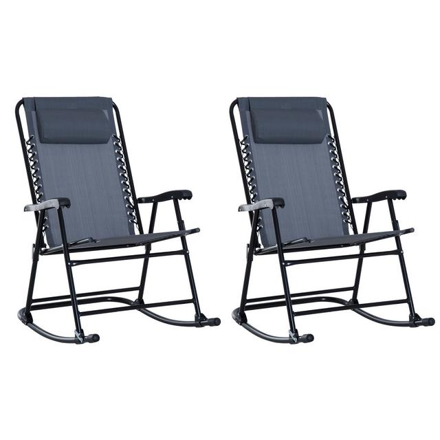 Outsunny Oversized Folding Rocking Camping Chair Set of 2, Outdoor Rockers with Headrests, Zero Gravity Bungee Lawn Chairs for 2 Adults, Gray