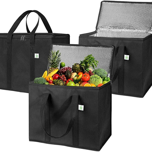 3 Pack Insulated Reusable Grocery Bag by VENO, Durable, Heavy Duty, Large Size, Stands Upright, Collapsible, Sturdy Zipper, Made by Recycled Material, Eco-Friendly (BLACK, 3)