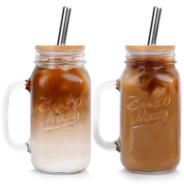 Mason Jar with Lid and Straw, 24oz Regular Mouth Mason Jars with Handle Drinking Glasses Tumbler Reusable Boba Cups Smoothie Water Bottles for Iced Coffee Margaritas Juice Cocktail Travel Office Home