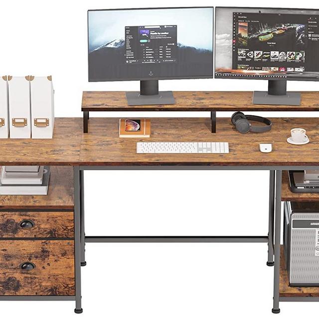 Furologee Computer Desk with Shelves and Drawer, 61" Long Desk with Fabric File Drawer, Industrial Writing Desk with Large Monitor Stand, Study Gaming Table Workstation for Home Office, Rustic Brown