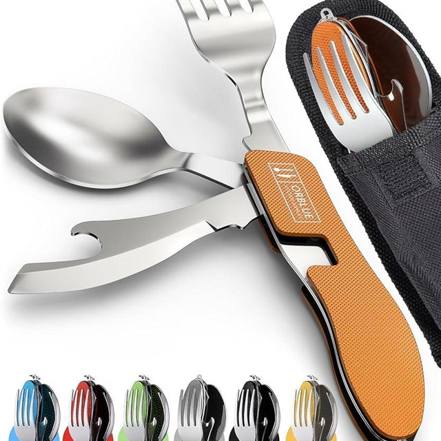 Orblue 4-in-1 Camping Utensils, 2-Pack - Portable Stainless Steel Spoon, Fork, Knife & Bottle Opener Combo Set - Travel, Backpacking Cutlery Multitool, Orange