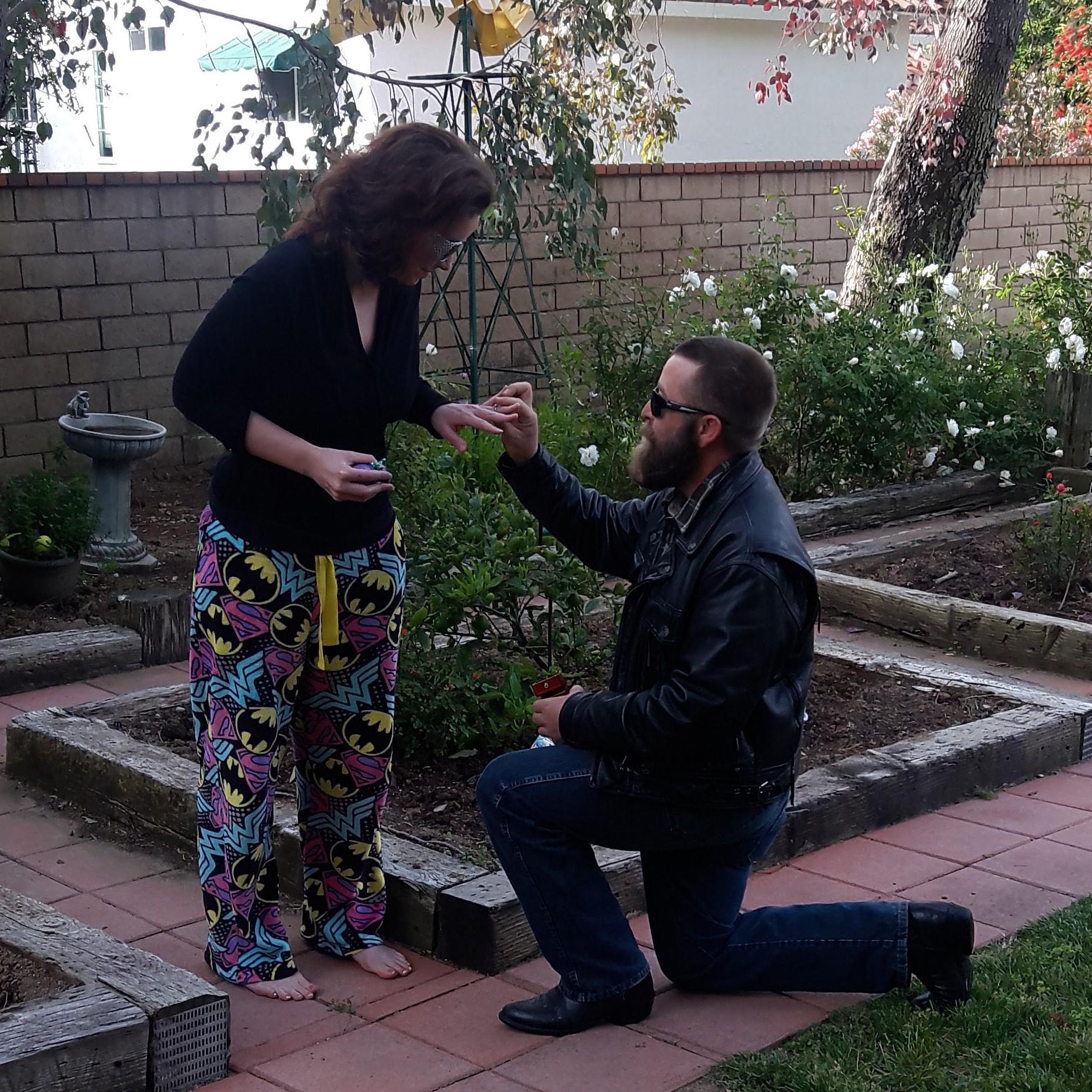 Easter morning 2017. Terry hid a toy ring in an egg and as I opened it he bent to one knee and popped the question with the real ring.