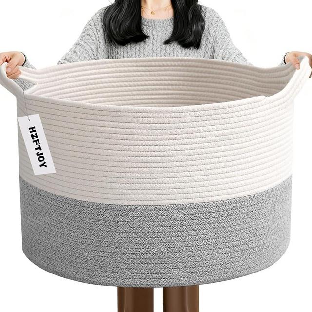 HZFTJOY Large Storage Basket with Handle,19.7" L x 19.7" W x 13" H Blanket Basket Storage Bins for Organizing,65L Cotton Rope Woven Baskets for Living Room, Nursery ,Bedroom,White&Grey