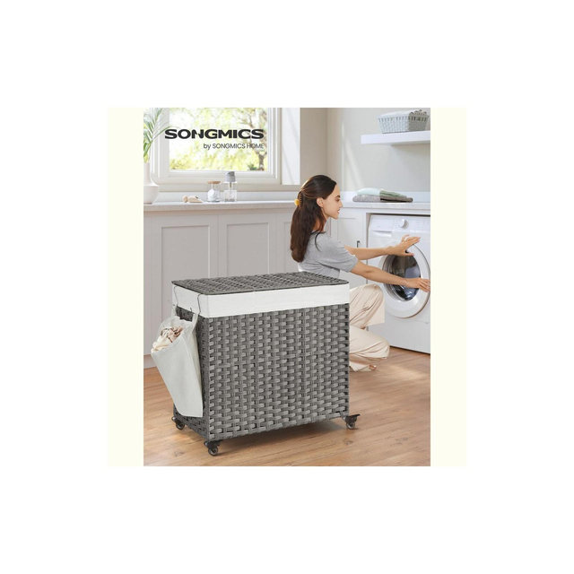SONGMICS Laundry Hamper with Lid, 37 Gallon , Rolling Laundry Basket with Wheels, 3-Section Synthetic Rattan Laundry Hamper,Gray