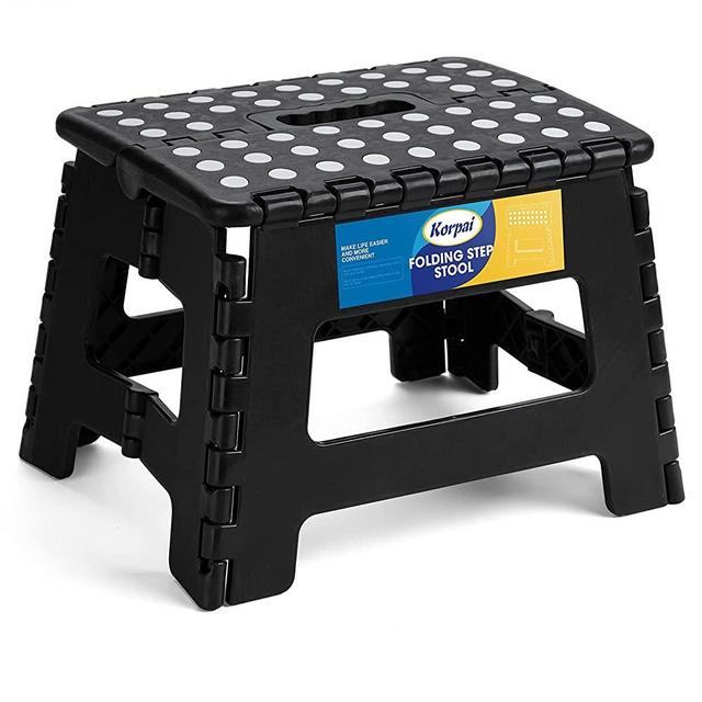 Korpai 9" Folding Step Stool for Adults and Kids Holds Up to 300 lbs ,Non-Slip Folding Stools with Portable Handle, Compact Plastic Foldable Step Stool for Bathroom,Bedroom, Kitchen,Black, 1PC