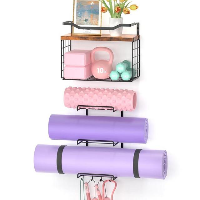 Yoga Mat Holder Wall Mount, Yoga Accessory Mats Storage Rack , Home Gym Accessories Organizer Storage With Wood Floating Shelves, Storage Basket With Hooks For Hanging Yoga Strap & Resistance Bands