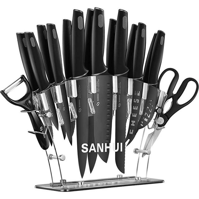 Knife Set with Block 17 in 1 Stainless Steel Black Kitchen Knife Sets Contain 8 Piece Chef Knife Set 6-Piece Steak Knives with Scissor and Vegetable Peeler Knife Acrylic Stand