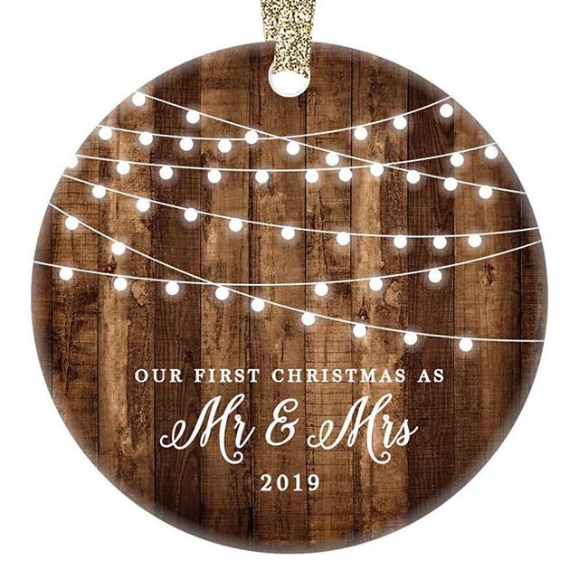 First Christmas as Mr & Mrs Ornament 2019 Rustic 1st Year Married Newlyweds 3" Flat Circle Porcelain Ceramic Ornament w Glossy Glaze, Gold Ribbon & Free Gift Box | OR00300 Delfino