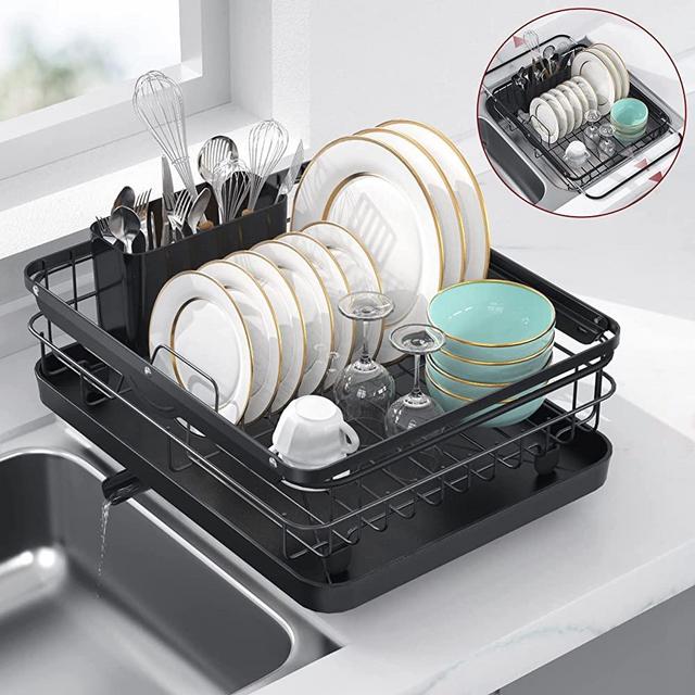 Sakugi Dish Drying Rack - Compact Dish Rack, Multifunctional Expandable Dish Drying Rack Used Over Sink, in Sink & on Countertop, Rustproof Kitchen Dish Drying Rack with Removable Cutlery Holder