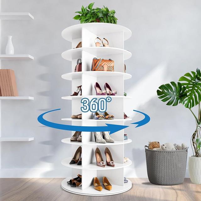 Decomax 7-Tier Rotating Shoe Rack Tower - Free Standing Spinning Shoes Organizer, 360° Vertical Spinning Shoe Display Lazy Susan, Closet Shoe Cabinet Rack Fits 28 Pairs of Shoes Bags Plants