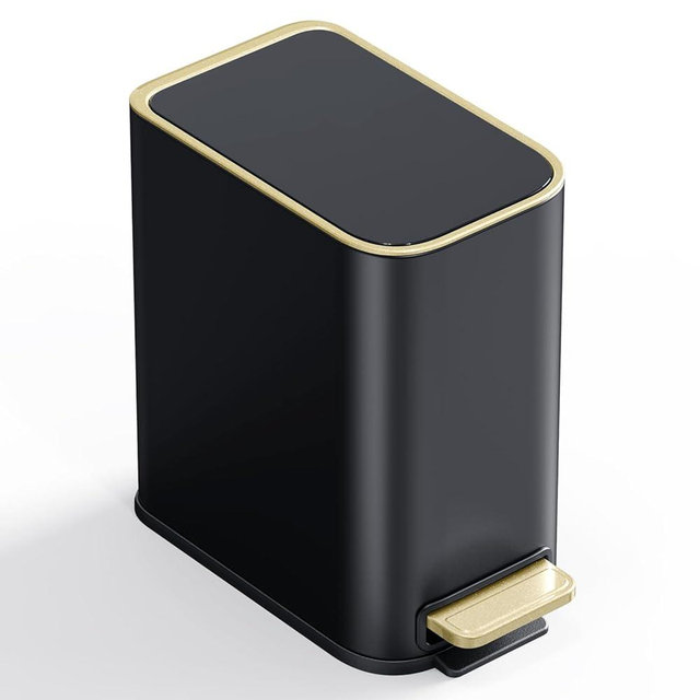 GibHerz Small Bathroom Trash Can with Lid Soft Close, 5L / 1.3 Gallon Slim Garbage Can with Removable Inner Bucket, Step Stainless Steel Trash Bin for Office, Bathrooms, Bedroom, Living Room (Black)