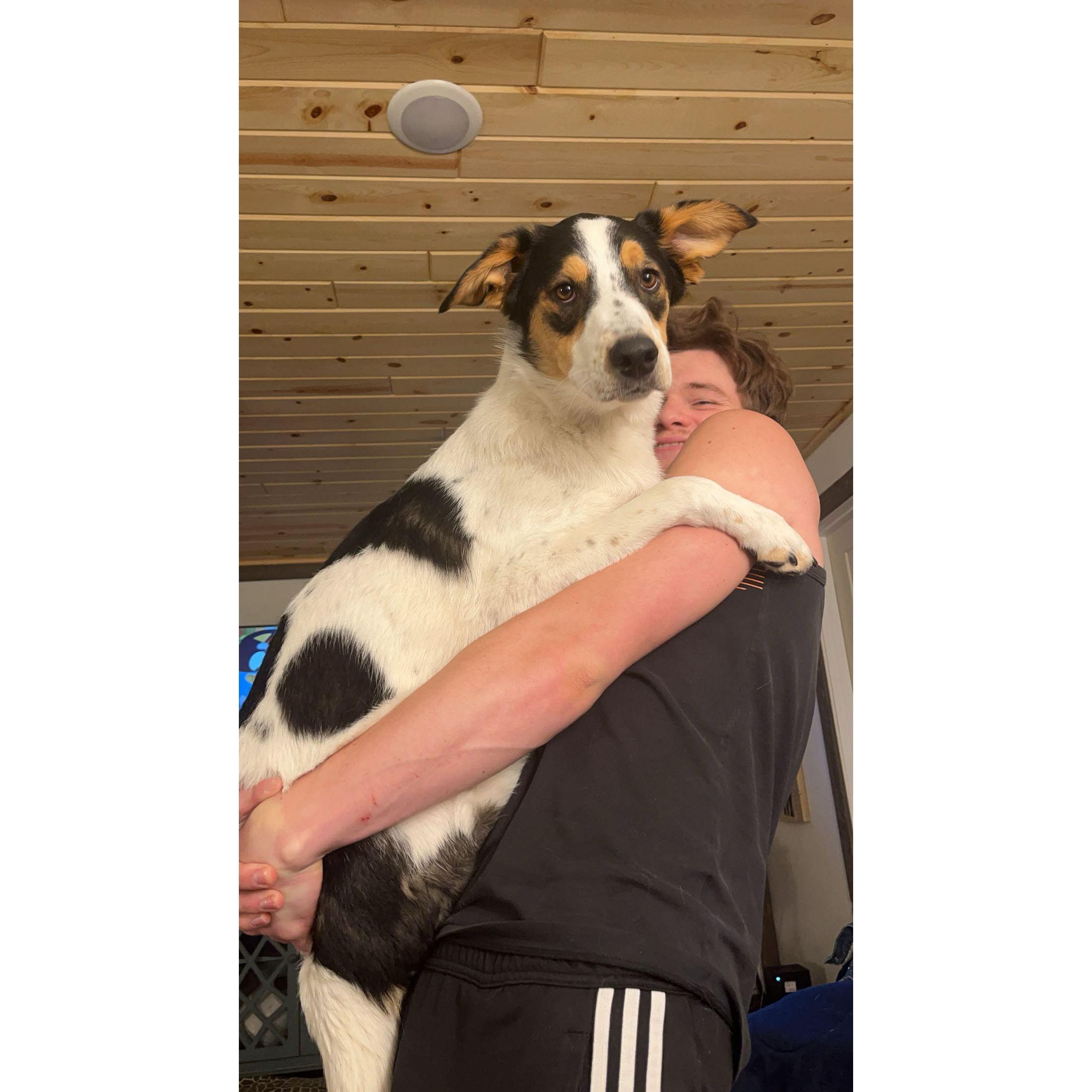 Shaun carrying Wally because he loves to be carried