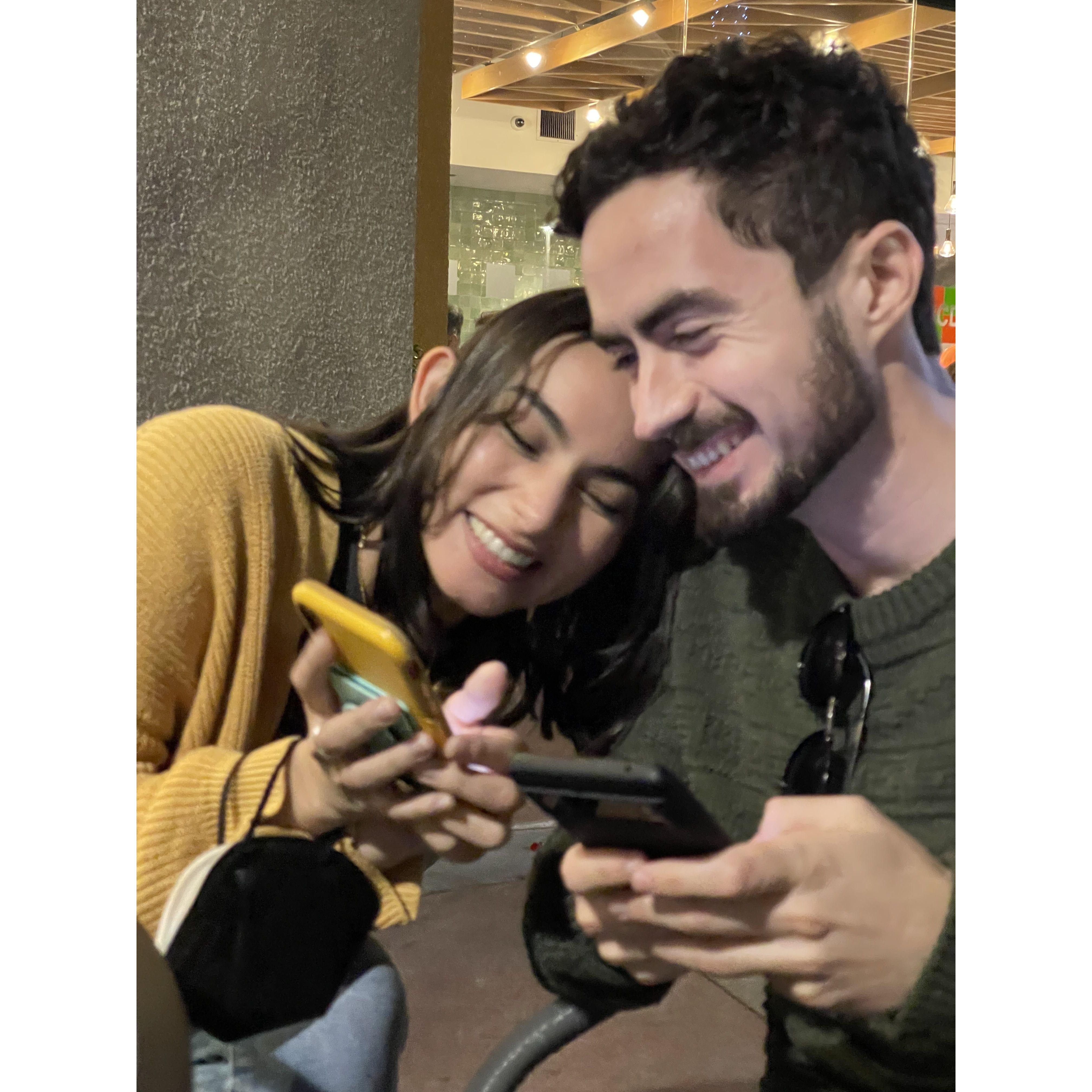 Our reaction to seeing our first picture of us as a couple (this is Alana's favorite picture)