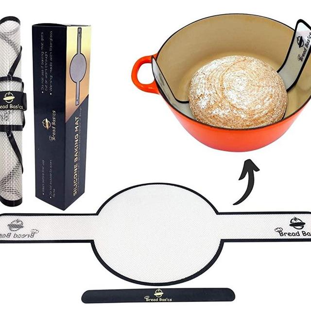 Bread Basics Silicone Baking Mat for Dutch Oven Bread Baking w/Storage Band - Long Handles for Gentler, Safer & Easier Transfer of Dough - Easy to Clean - Eco-Friendly Alternative for Parchment Paper