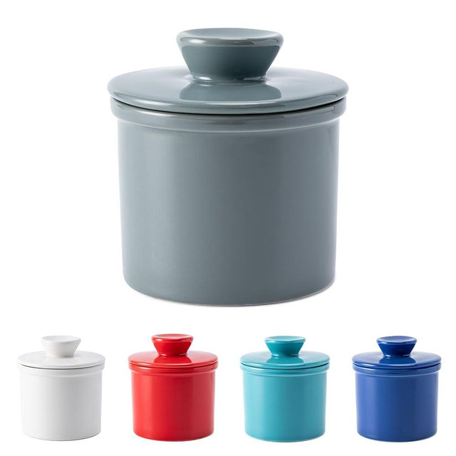 Husfunov Butter Crock with Water Line for Countertop, French Butter Dish with Lid, Ceramic Butter Keeper for Fresh Spreadable Butter, Butter Container Holder for Kitchen and Home Decor, Dark Gray