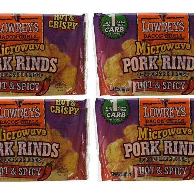 Lowreys Bacon Curls | Microwave Pork Rinds | Hot & Spicy | 1.75-oz. Packet (4 Pack)