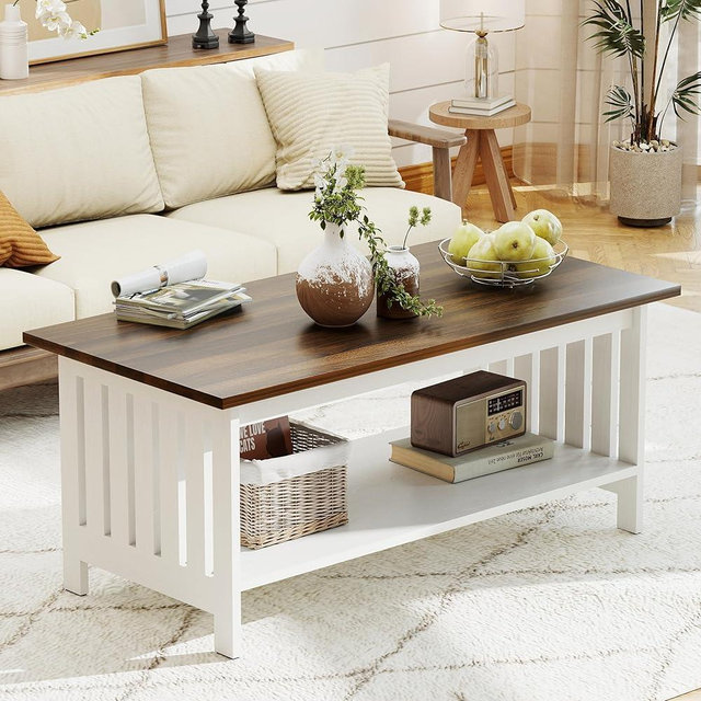 YOSHOOT 39.4" Farmhouse Coffee Table - Coffee Tables for Living Room, Small Coffee Table with Storage, Center Table for Living Room, Bedroom, Office, White
