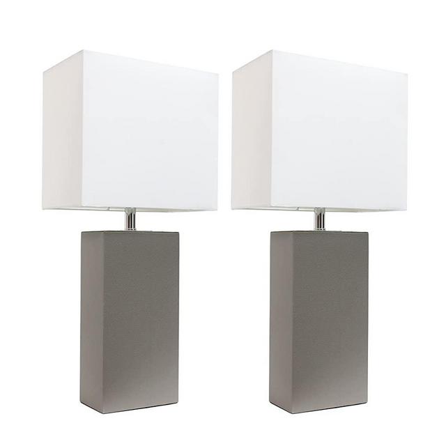 Elegant Designs LC2000-GRY-2PK 2 Pack Modern Leather Table Lamps with White Fabric Shades, Gray
