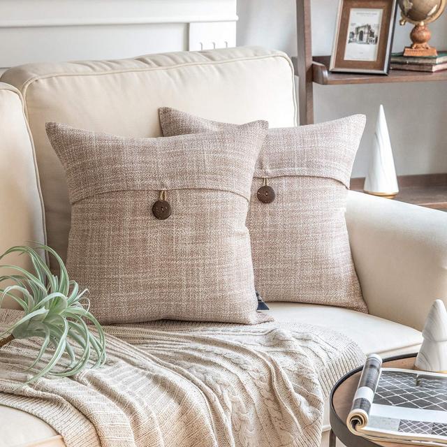 Phantoscope Pack of 2 Farmhouse Throw Pillow Covers Button Vintage Linen Decorative Pillow Cases for Couch Bed and Chair Beige 18 x 18 inches 45 x 45 cm