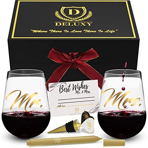 DELUXY 14K Gold Mr and Mrs Wine Glasses | Best Bridal Shower, Wedding, Engagement |Custom Wine Stopper, Glass Marker & Card Included