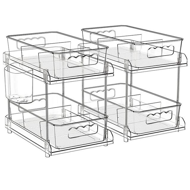 2 Tier Clear Organizer with Dividers, Pantry Organization and Storage Multi Purpose Slide-Out Bathroom Organizer, Kitchen Pantry Medicine Cabniet Bins, Under Sink Organizers and Storage, 2 Pack