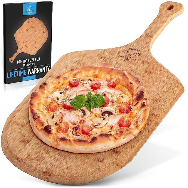 Zulay (Medium 12") Authentic Bamboo Pizza Peel Wood - Natural Bamboo Pizza Paddle With Easy Glide Edges & Handle For Baking - Medium Wood Pizza Peel For Transferring & Serving