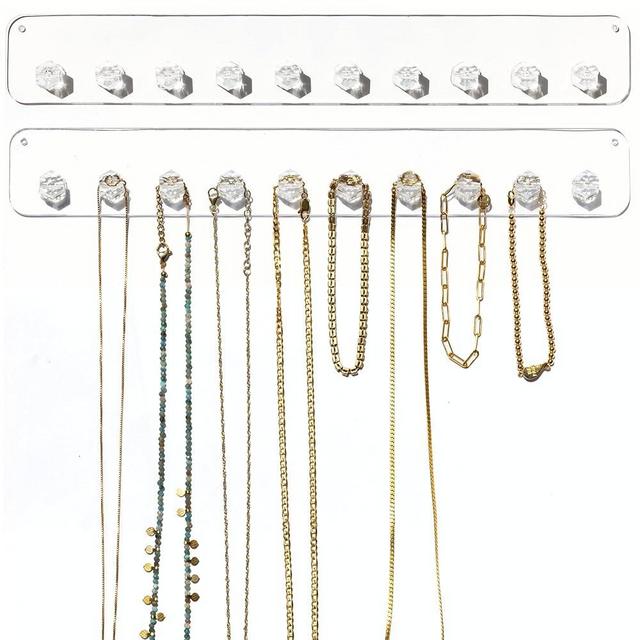 Boxy Concepts Necklace Organizer - 2 Pack - Easy-Install 10.5"x1.5" Hanging Holder Wall Mount with 10 Necklace Hooks - Beautiful Necklace Hanger also for Bracelets, Earrings, and Keys (Clear)